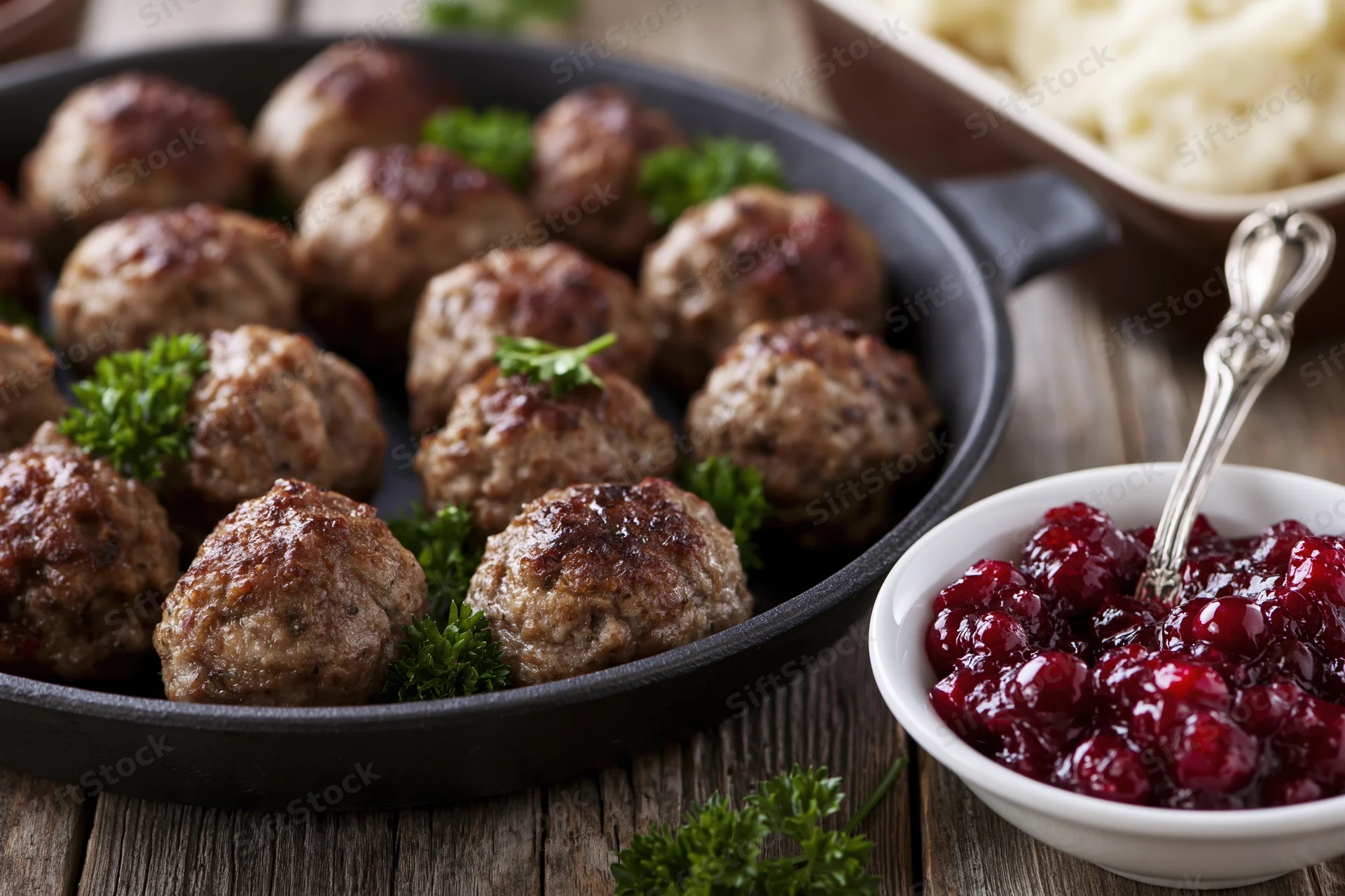 Swedish meatballs in a cast iron pan with cranberry sauce and parsley garnish on a wooden table