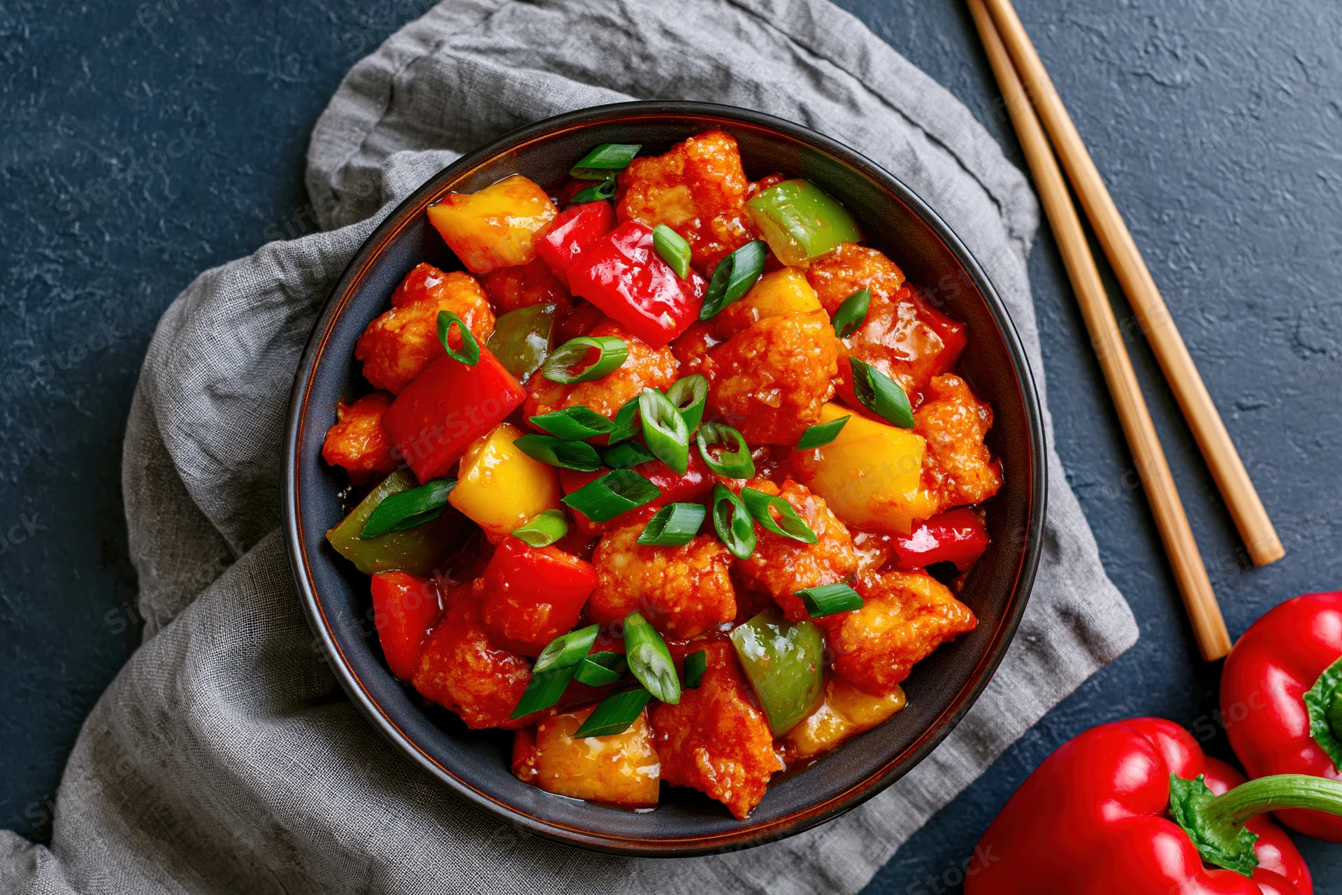 Sweet and sour chicken stir-fry with bell peppers and pineapple in a bowl, garnished with scallions, on dark surface with chopsticks