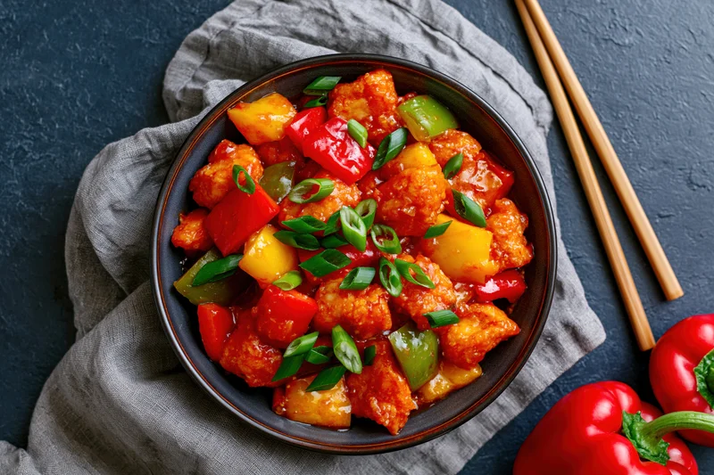 Sweet and sour chicken stir-fry with bell peppers and pineapple in a bowl, garnished with scallions, on dark surface with chopsticks