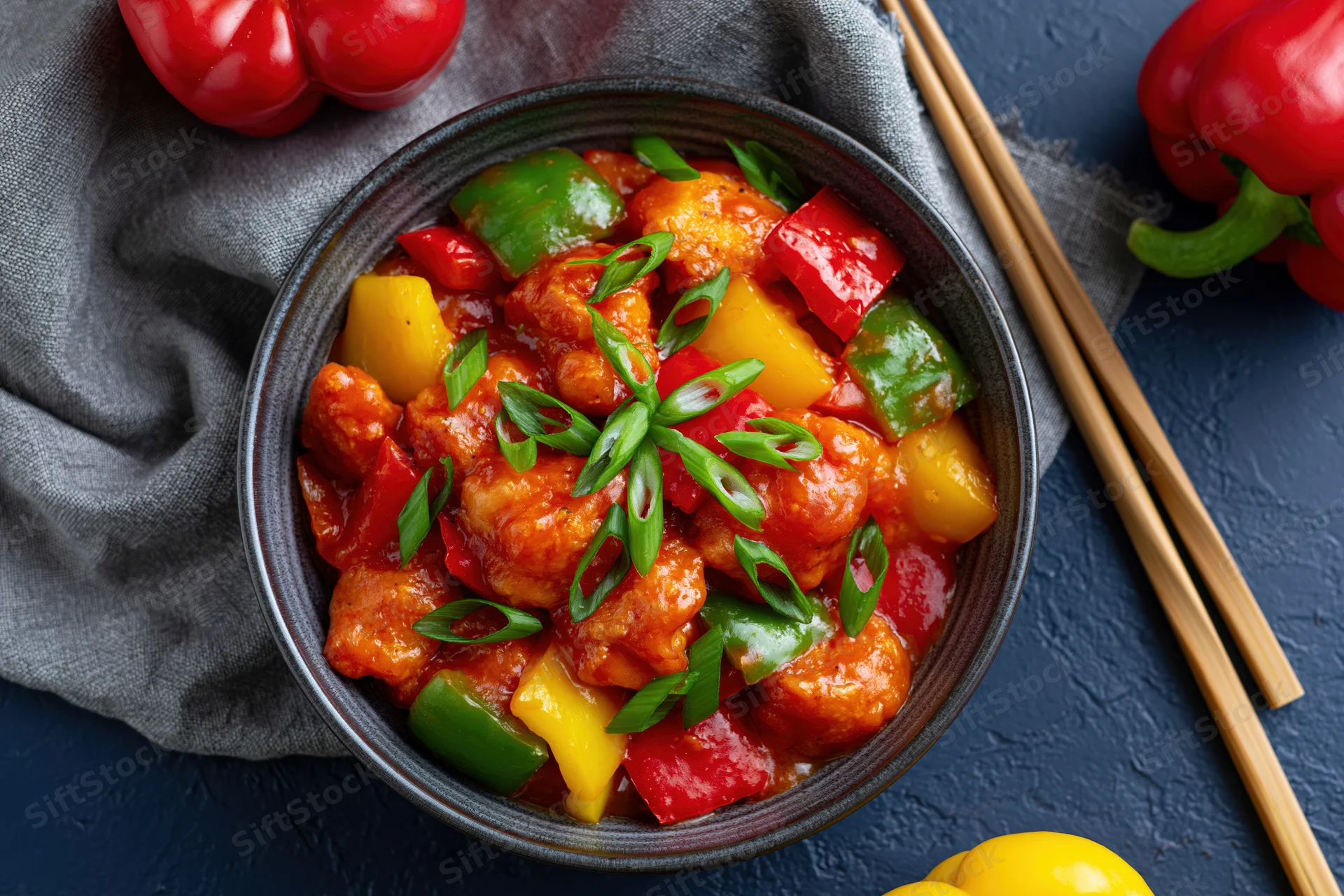 Sweet and sour chicken stir-fry in a bowl with bell peppers and pineapple, served with chopsticks on a dark blue surface with a gray towel