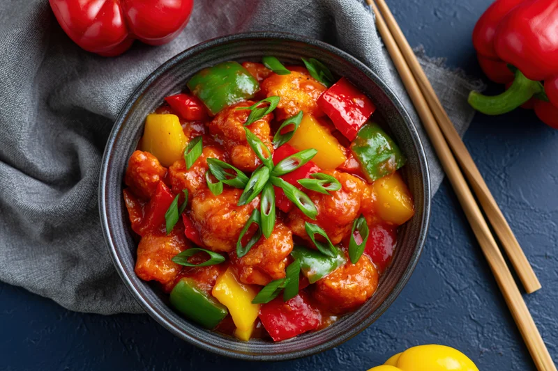 Sweet and sour chicken stir-fry in a bowl with bell peppers and pineapple, served with chopsticks on a dark blue surface with a gray towel