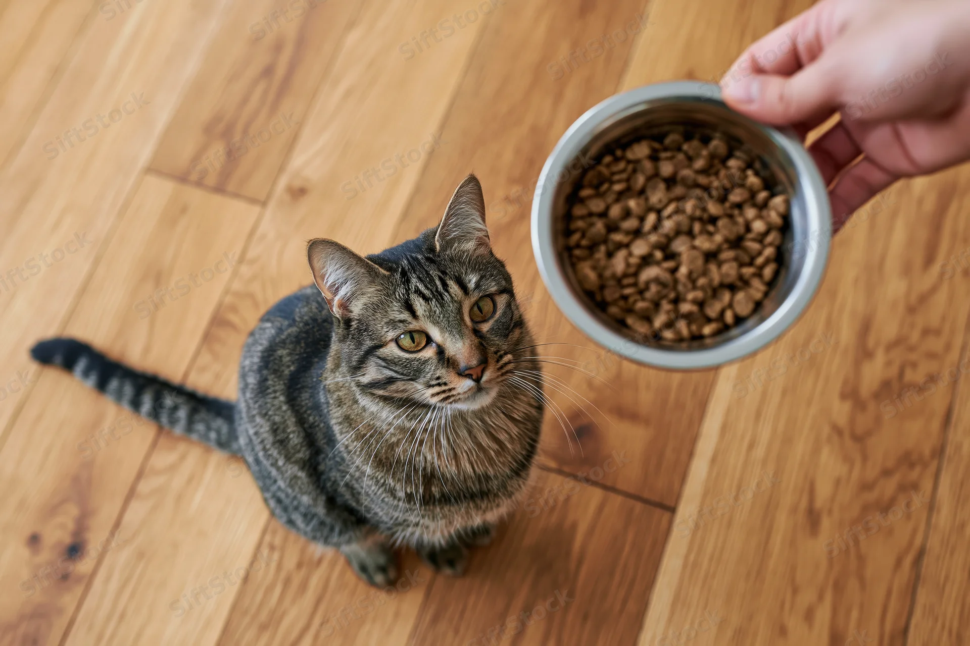 Tabby cat sitting on hardwood floor looking up at hand holding food bowl