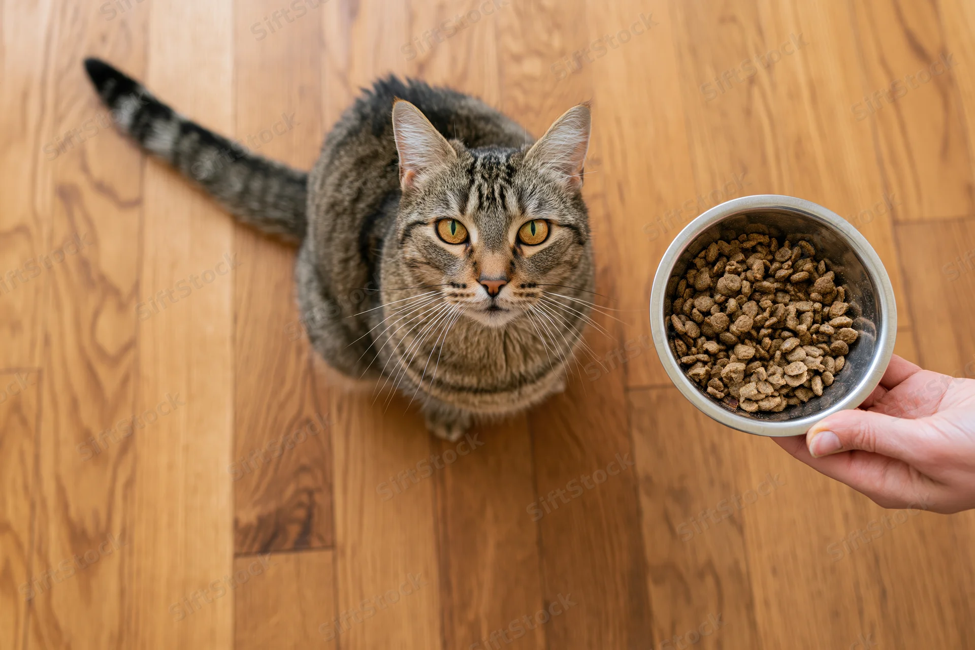 Tabby cat sitting on hardwood floor looking up at hand holding food bowl