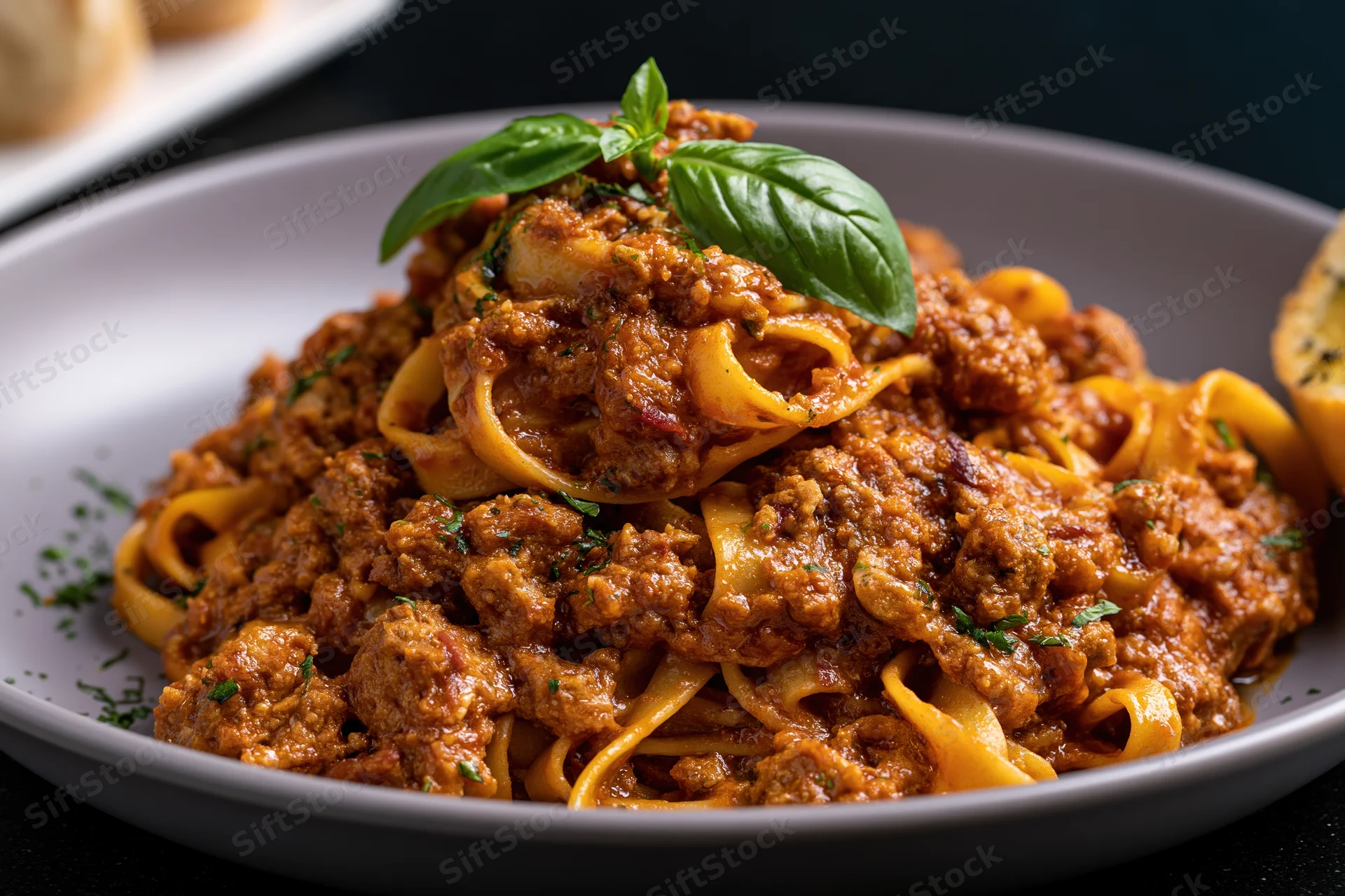 Tagliatelle bolognese served in a matte grey ceramic plate with basil garnish