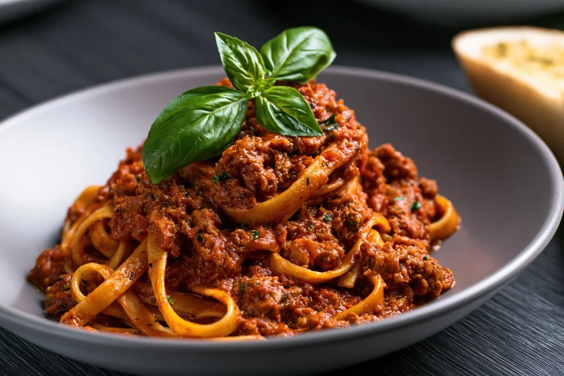 Tagliatelle bolognese in a matte grey ceramic bowl topped with fresh basil on a dark wooden table