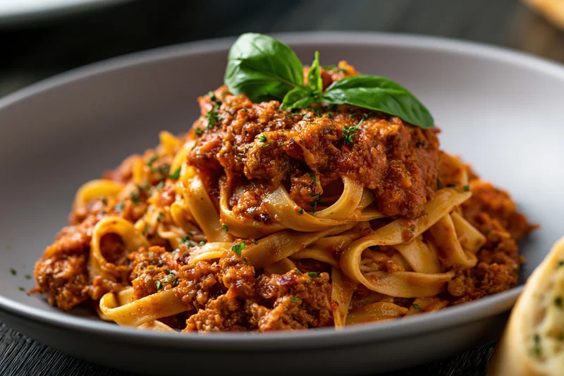 Tagliatelle bolognese in a matte grey ceramic bowl with basil garnish on a dark table