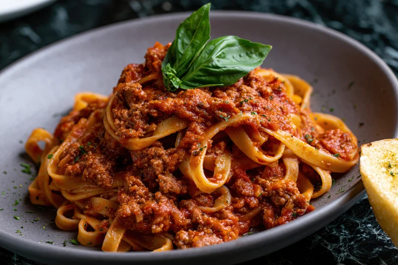 Tagliatelle bolognese served in a matte grey ceramic plate with basil garnish and garlic bread on the side