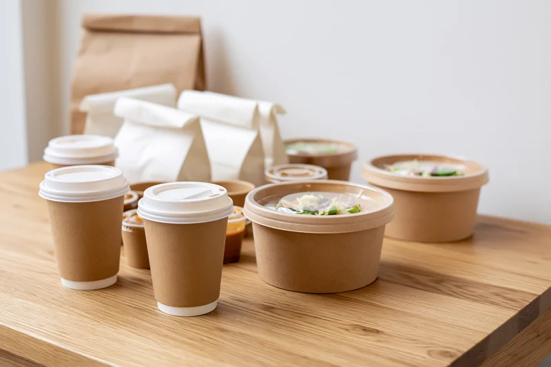 Takeout food containers and coffee cups arranged on a wooden table