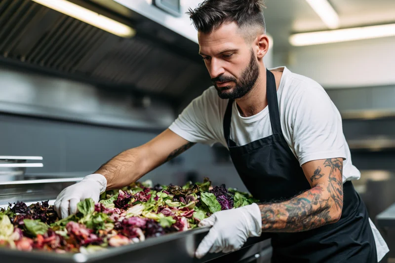Chef sorting fresh salad greens in a commercial kitchen