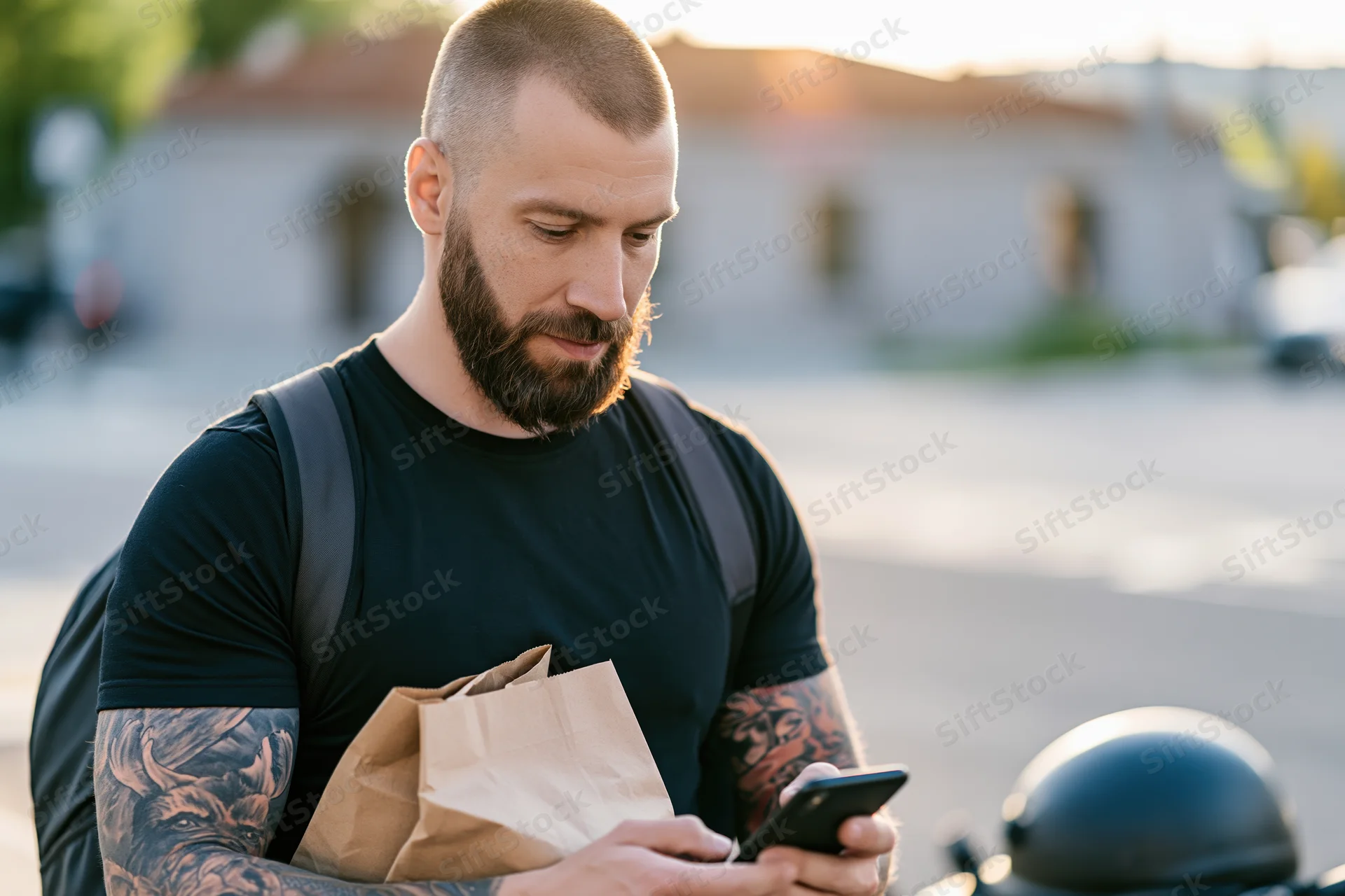 Tattooed man with backpack and paper bag using smartphone at city street corner near motorcycle
