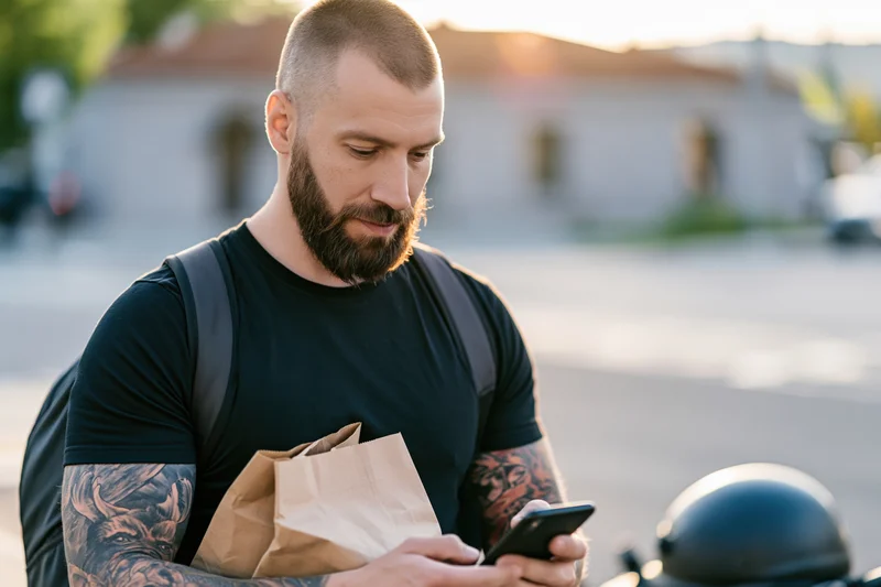 Tattooed man with backpack and paper bag using smartphone at city street corner near motorcycle