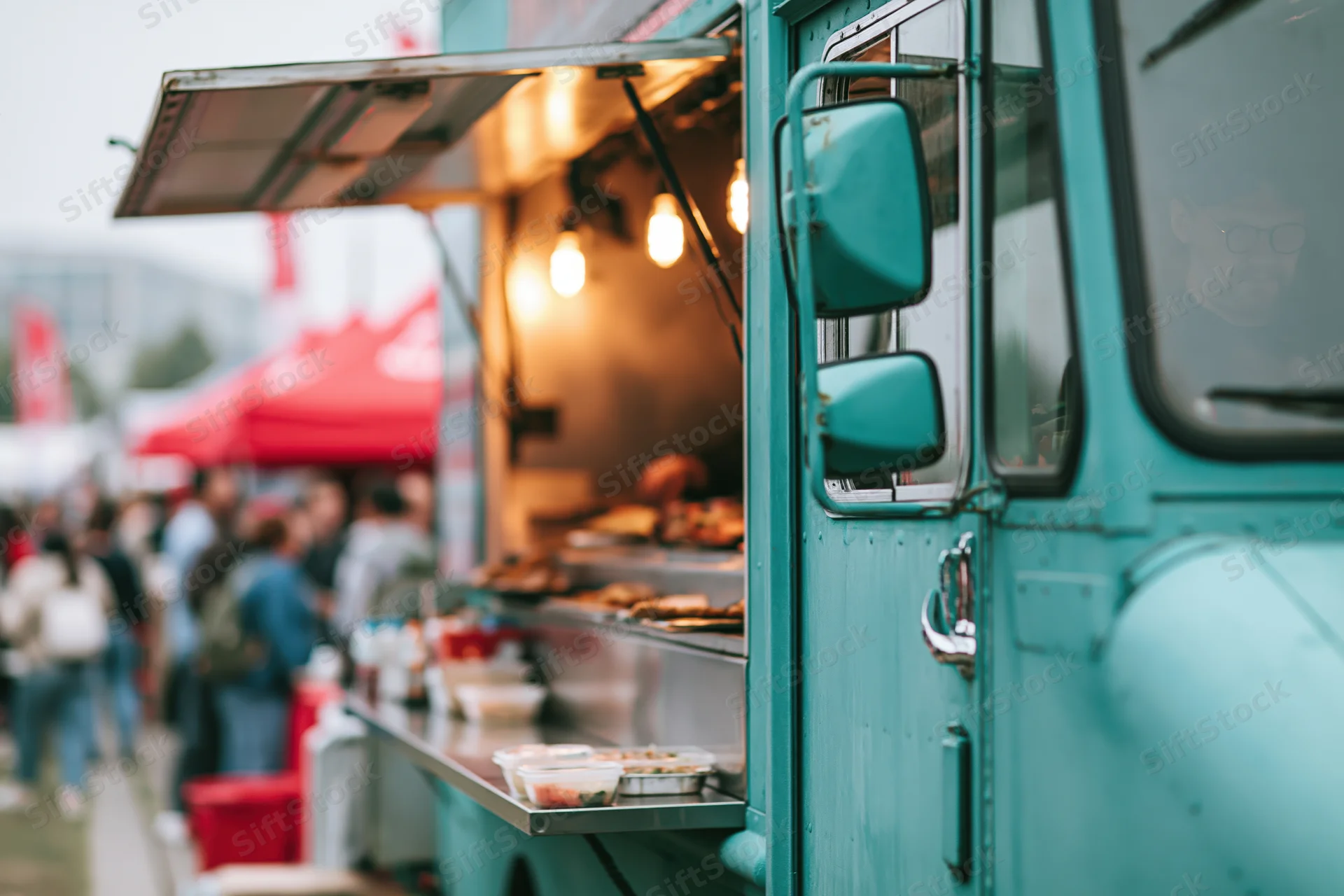 Teal food truck with open service window serving food at outdoor market