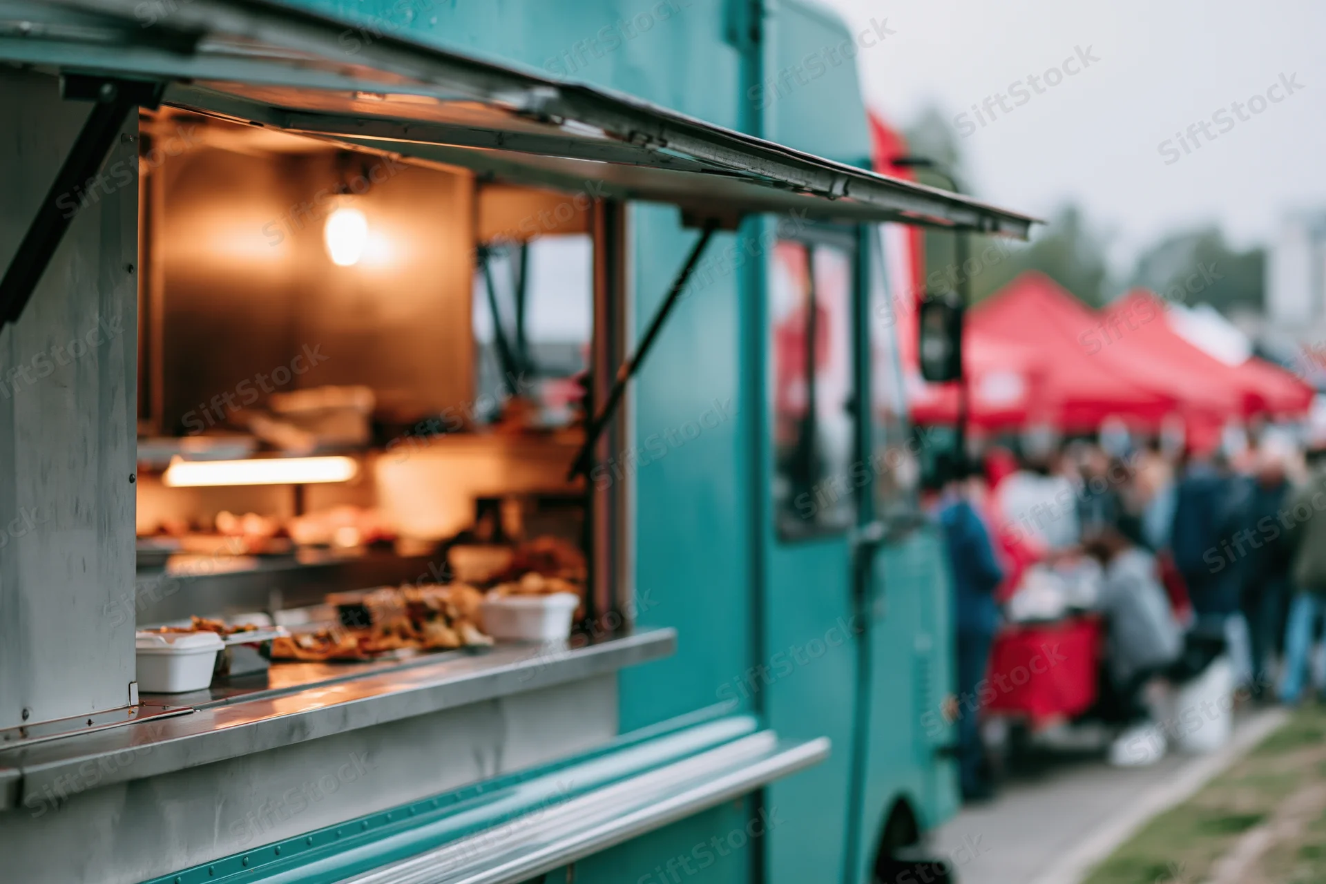 Teal food truck with open service window displaying food at outdoor market