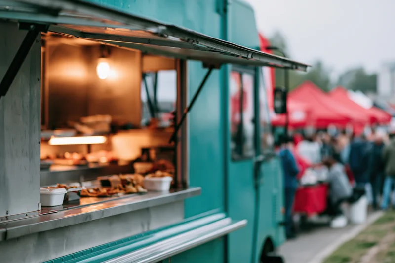 Teal food truck with open service window displaying food at outdoor market