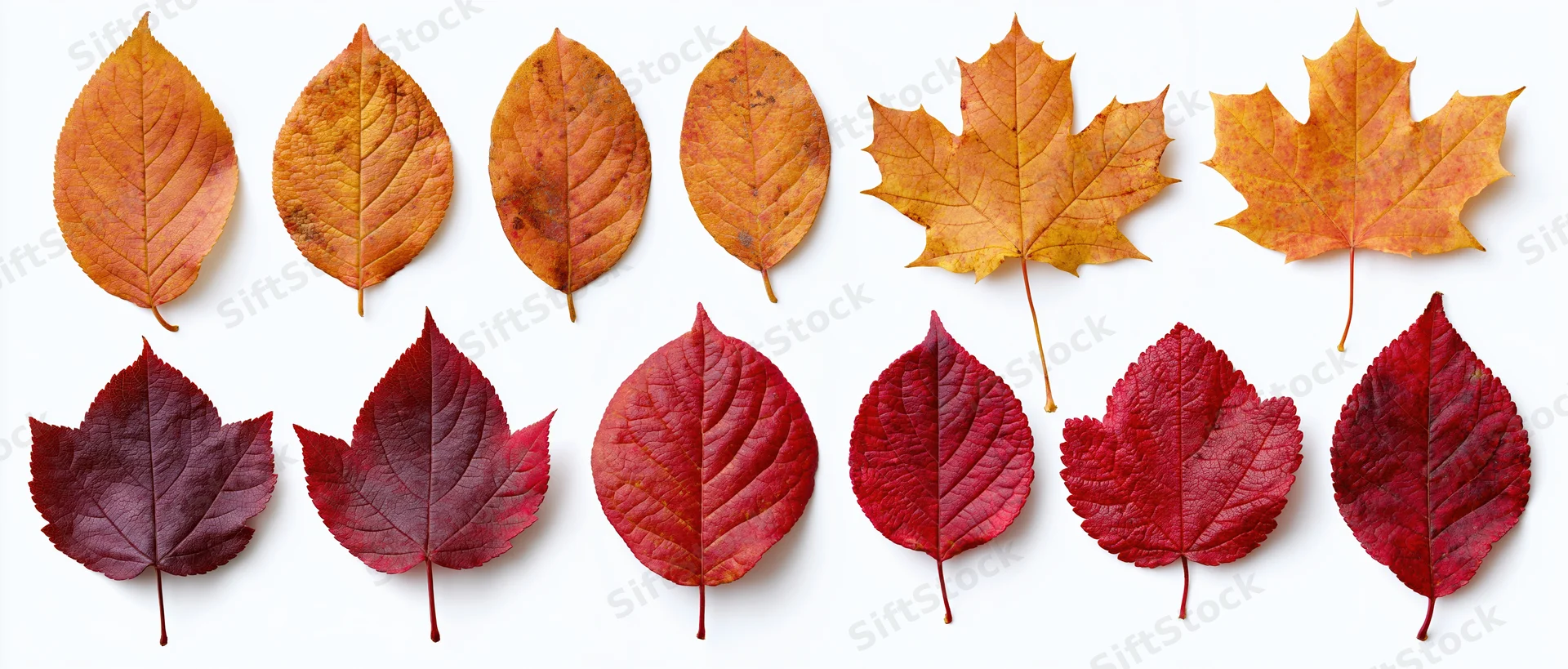 Two rows of autumn leaves arranged flat on white background