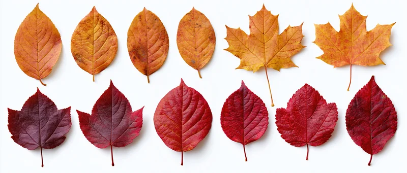 Two rows of autumn leaves arranged flat on white background