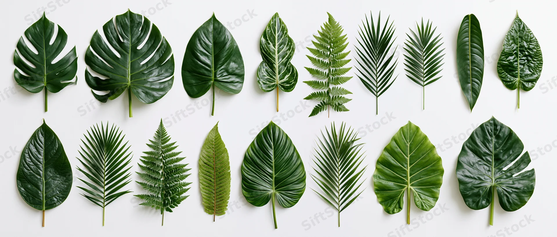 Two rows of tropical leaves arranged flat on white background