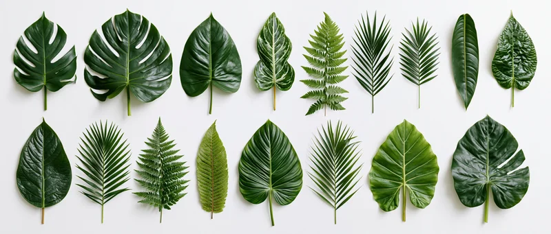 Two rows of tropical leaves arranged flat on white background