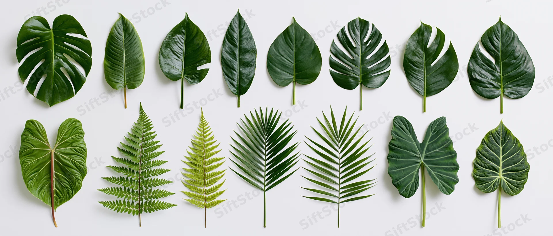 Tropical leaves arranged in two rows on white background