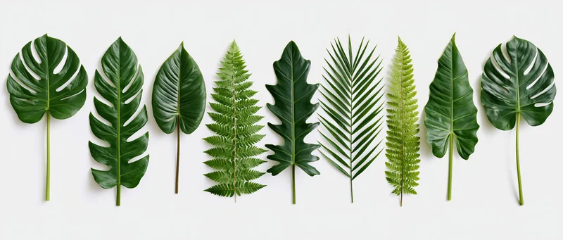 Ten tropical leaves arranged in a row on a white background