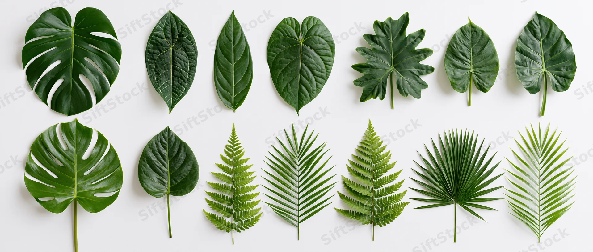 Tropical leaves arranged in two rows on white background