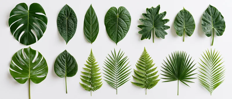 Tropical leaves arranged in two rows on white background