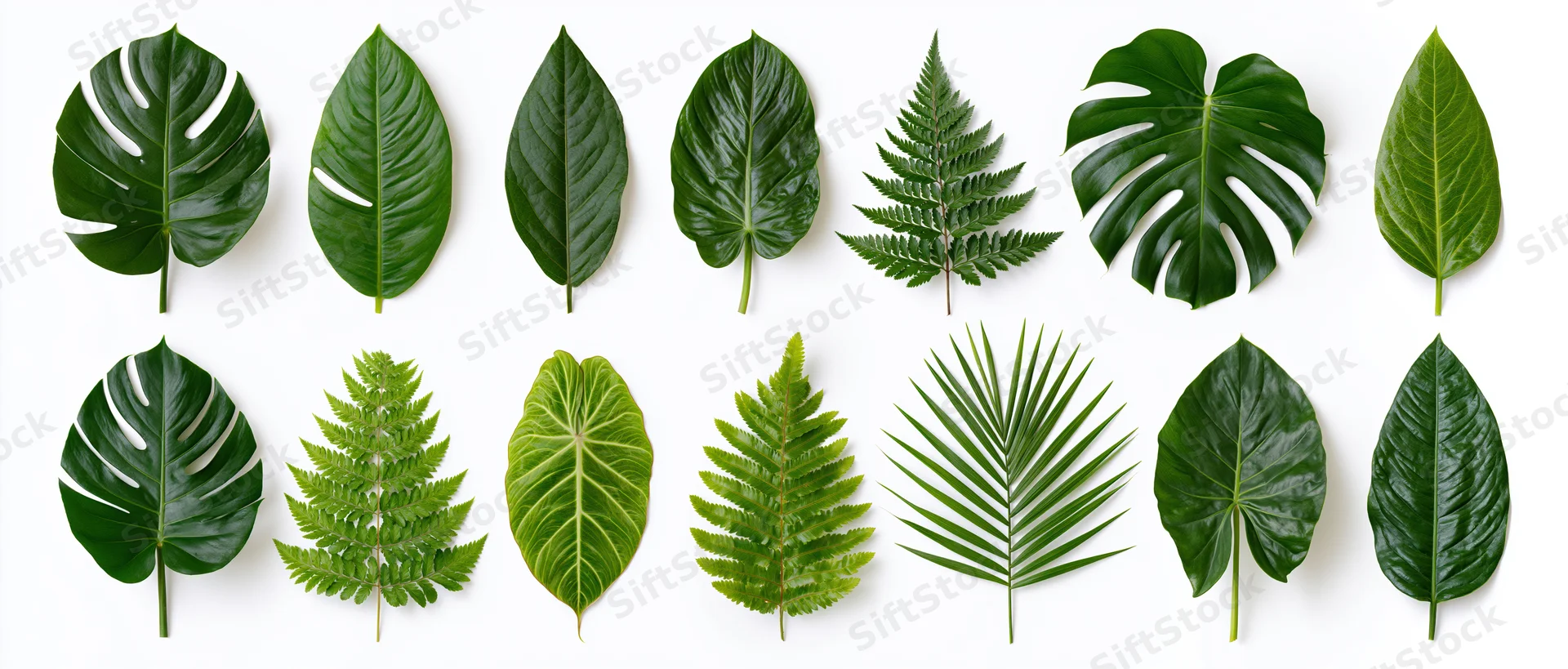 Tropical leaves arranged in two rows on white background