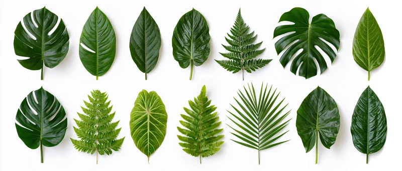 Tropical leaves arranged in two rows on white background