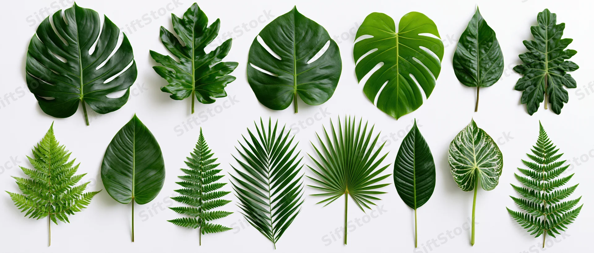 Tropical leaves arranged in two rows on white background