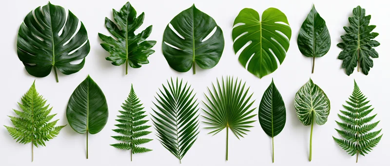 Tropical leaves arranged in two rows on white background