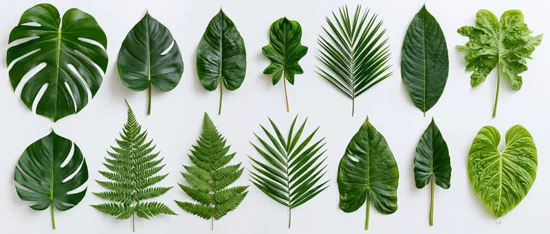 Tropical leaves arranged in two rows on white background
