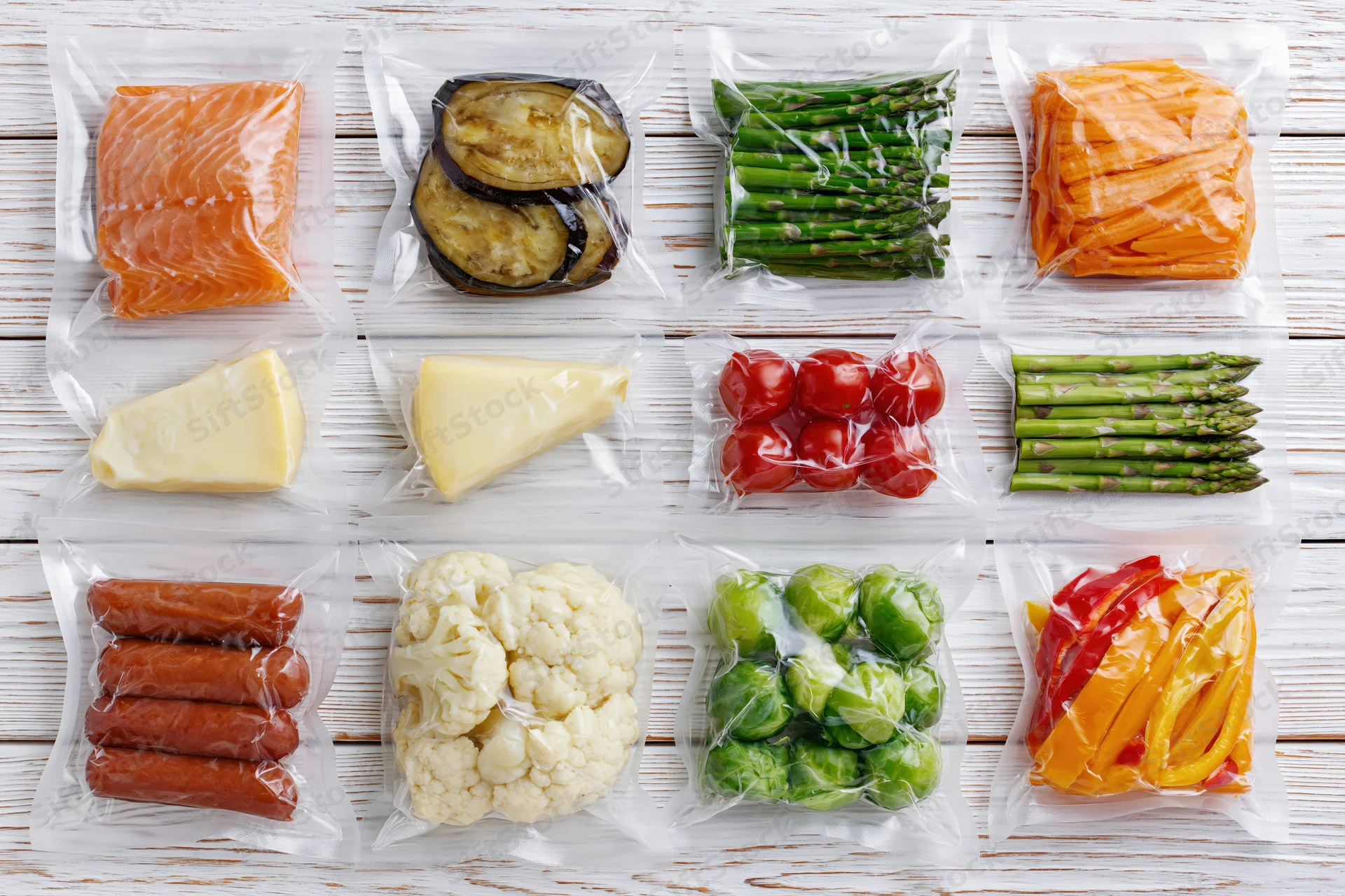 Vacuum-sealed food packages arranged in a grid on a white wooden surface