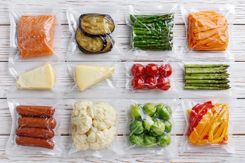 Vacuum-sealed food packages arranged in a grid on a white wooden surface