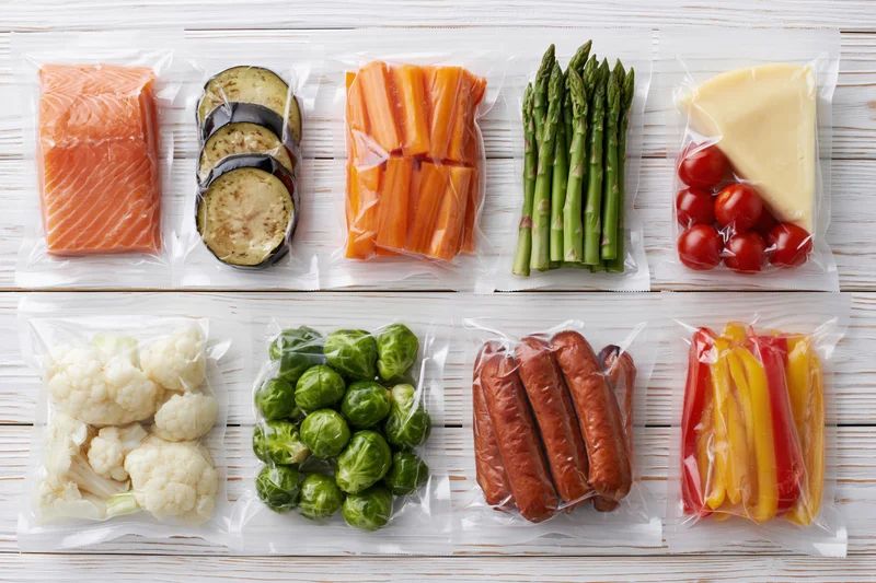 Vacuum-sealed food packages arranged in a grid on a white wooden surface