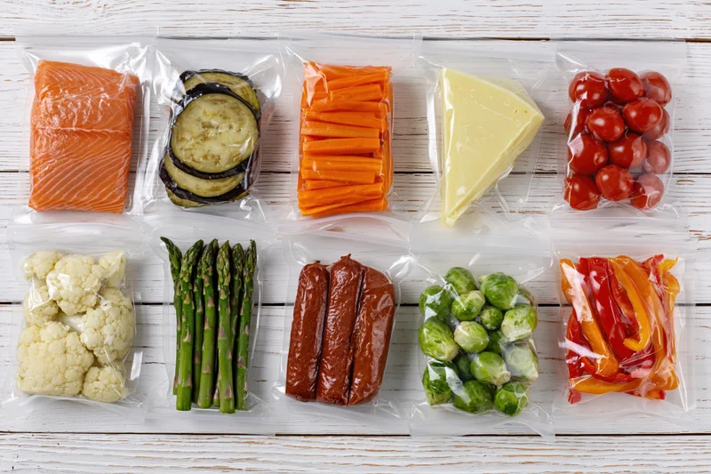 Vacuum-sealed food packages arranged in grid on white wooden surface