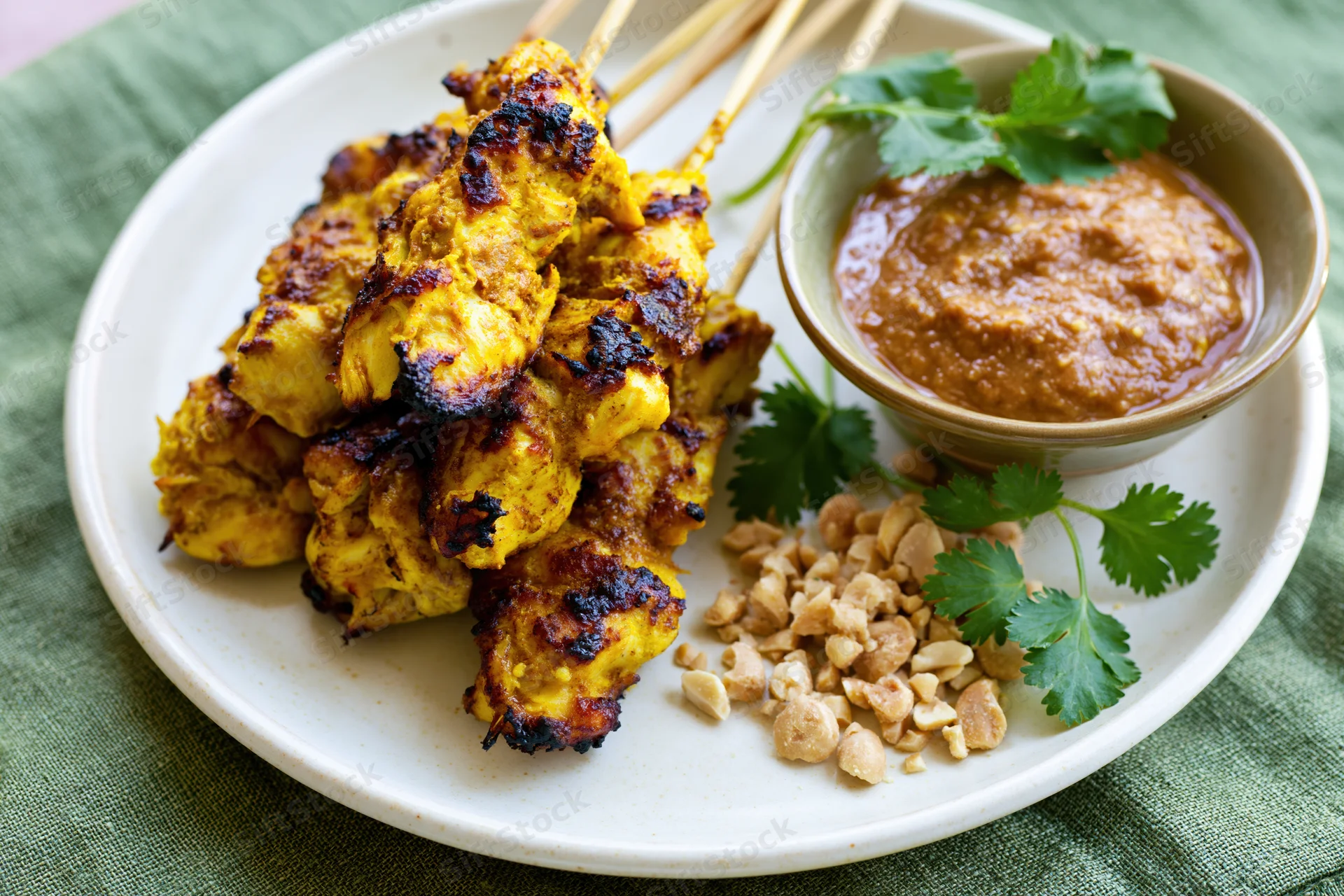 Grilled thai chicken satay skewers on a white ceramic plate with peanut sauce and cilantro garnish