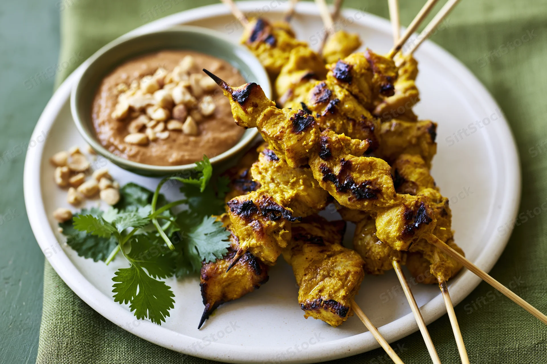 Grilled thai chicken satay skewers on a white ceramic plate with peanut sauce and cilantro garnish