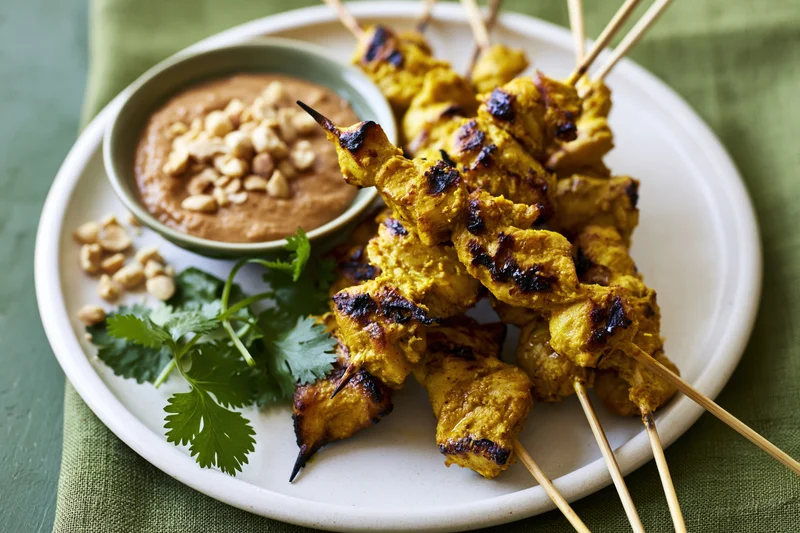 Grilled thai chicken satay skewers on a white ceramic plate with peanut sauce and cilantro garnish