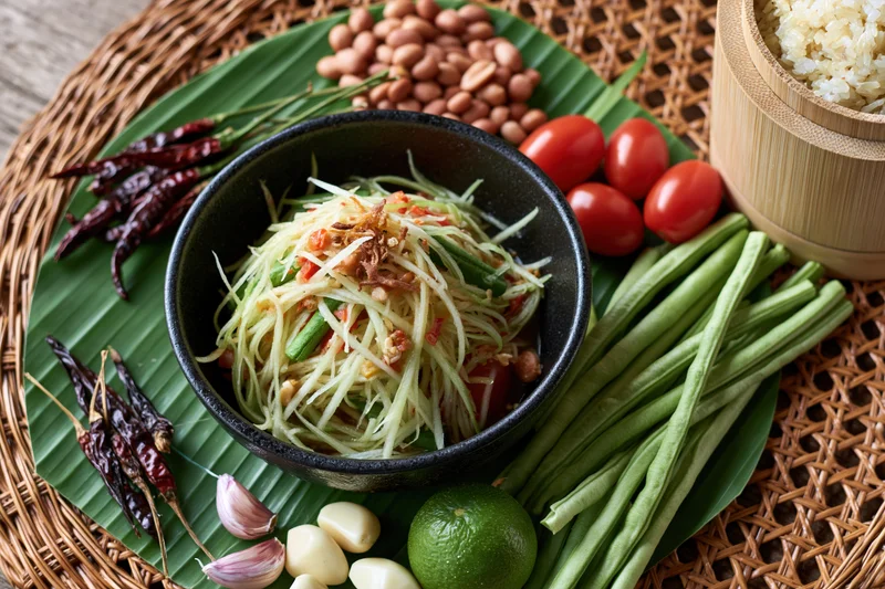 Thai green papaya salad in a black ceramic bowl surrounded by fresh ingredients on a banana leaf and woven tray