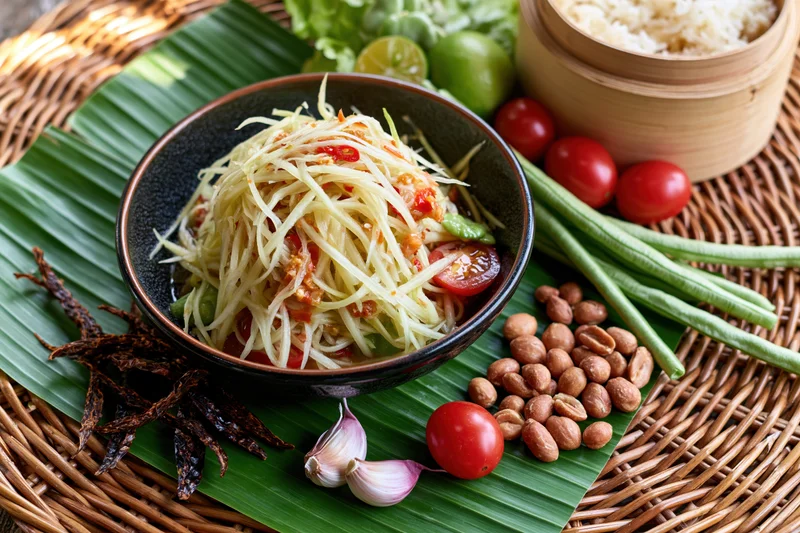 Thai green papaya salad in a black ceramic bowl surrounded by fresh ingredients on a banana leaf and woven tray