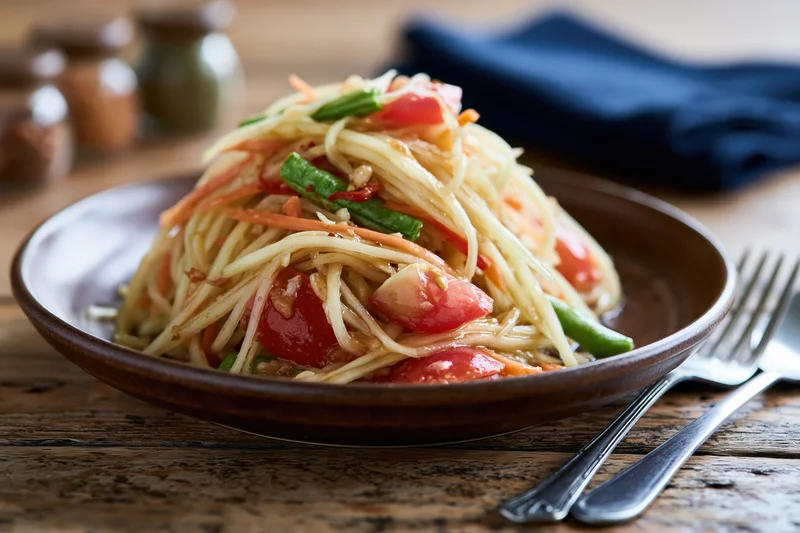 Thai green papaya salad som tam served on dark brown ceramic plate with fork and spoon on wooden table