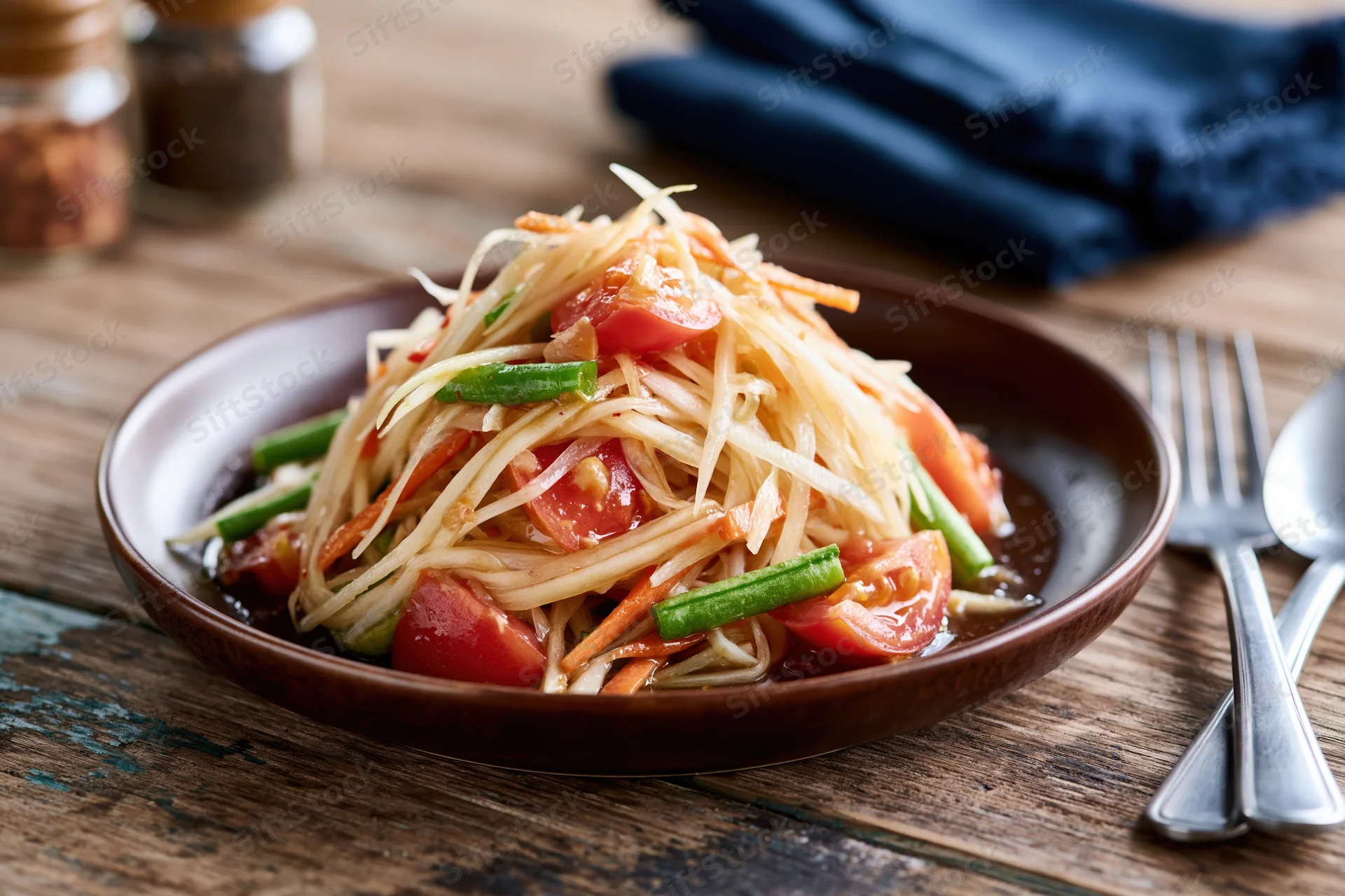 Thai green papaya salad som tam served in a dark brown ceramic bowl on a wooden table with cutlery and napkin