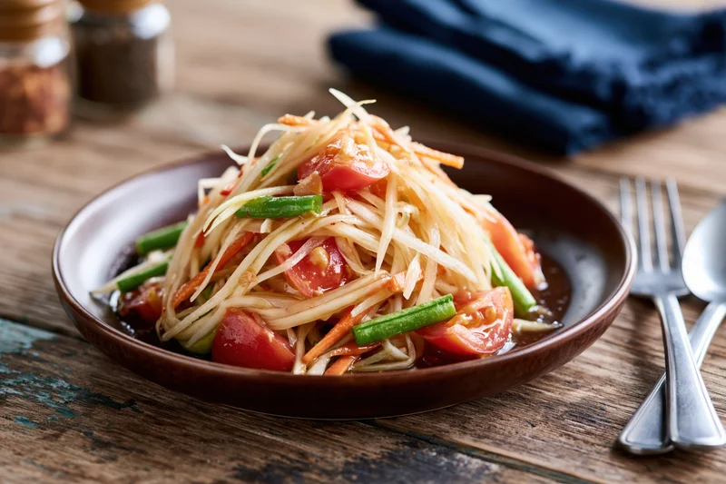 Thai green papaya salad som tam served in a dark brown ceramic bowl on a wooden table with cutlery and napkin