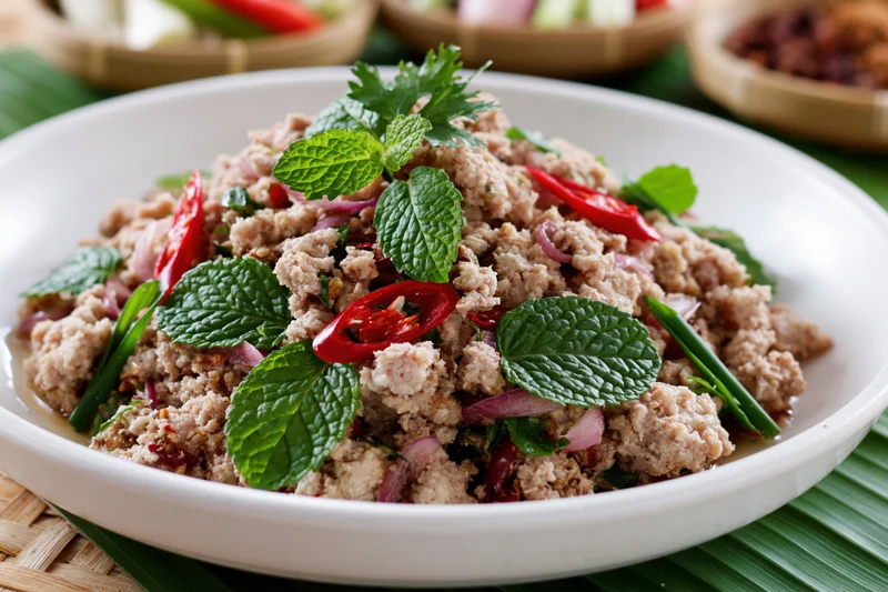 Thai larb moo minced pork salad garnished with mint and red chili on a white plate