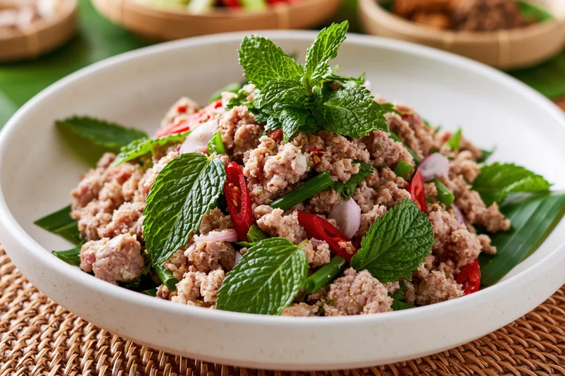 Thai larb moo minced pork salad garnished with mint and chili in a white bowl on a woven placemat