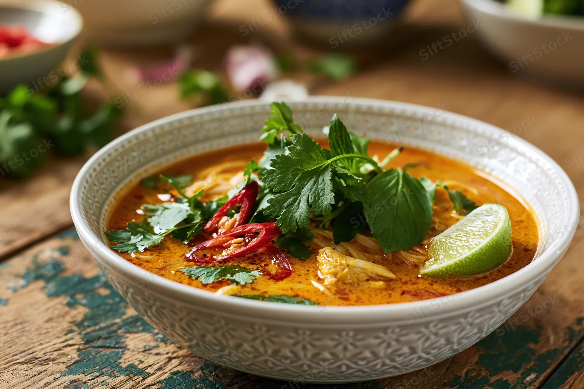 Thai red curry noodle soup in a ceramic bowl garnished with cilantro, basil, lime, and chili on a rustic wooden table