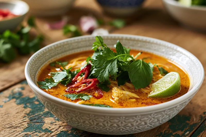 Thai red curry noodle soup in a ceramic bowl garnished with cilantro, basil, lime, and chili on a rustic wooden table