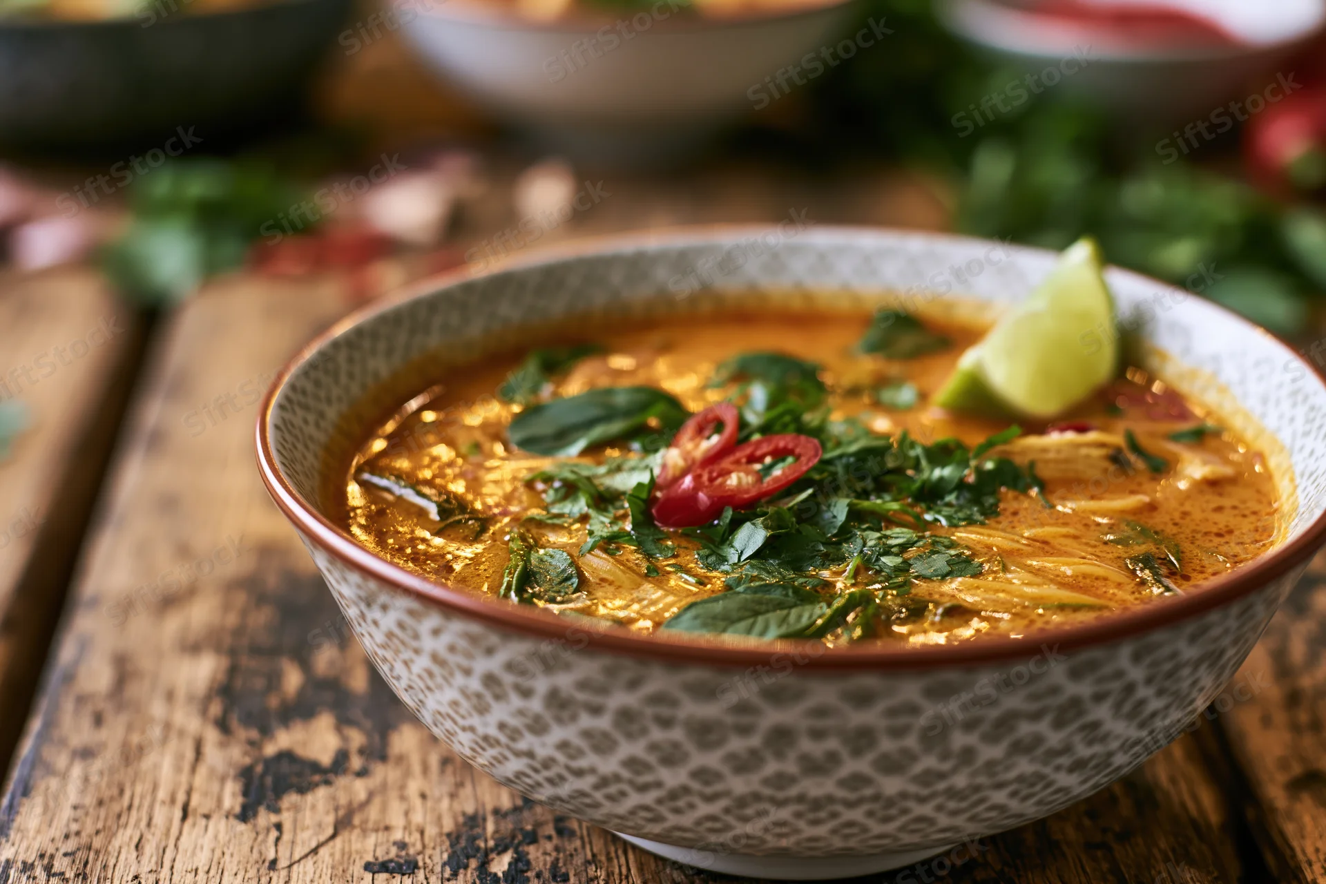 Thai red curry noodle soup in a ceramic bowl garnished with lime, chili, and herbs on a wooden table