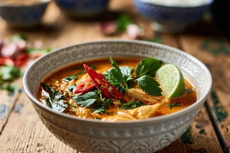 Thai red curry noodle soup in a ceramic bowl garnished with lime, chili, and herbs on a wooden table
