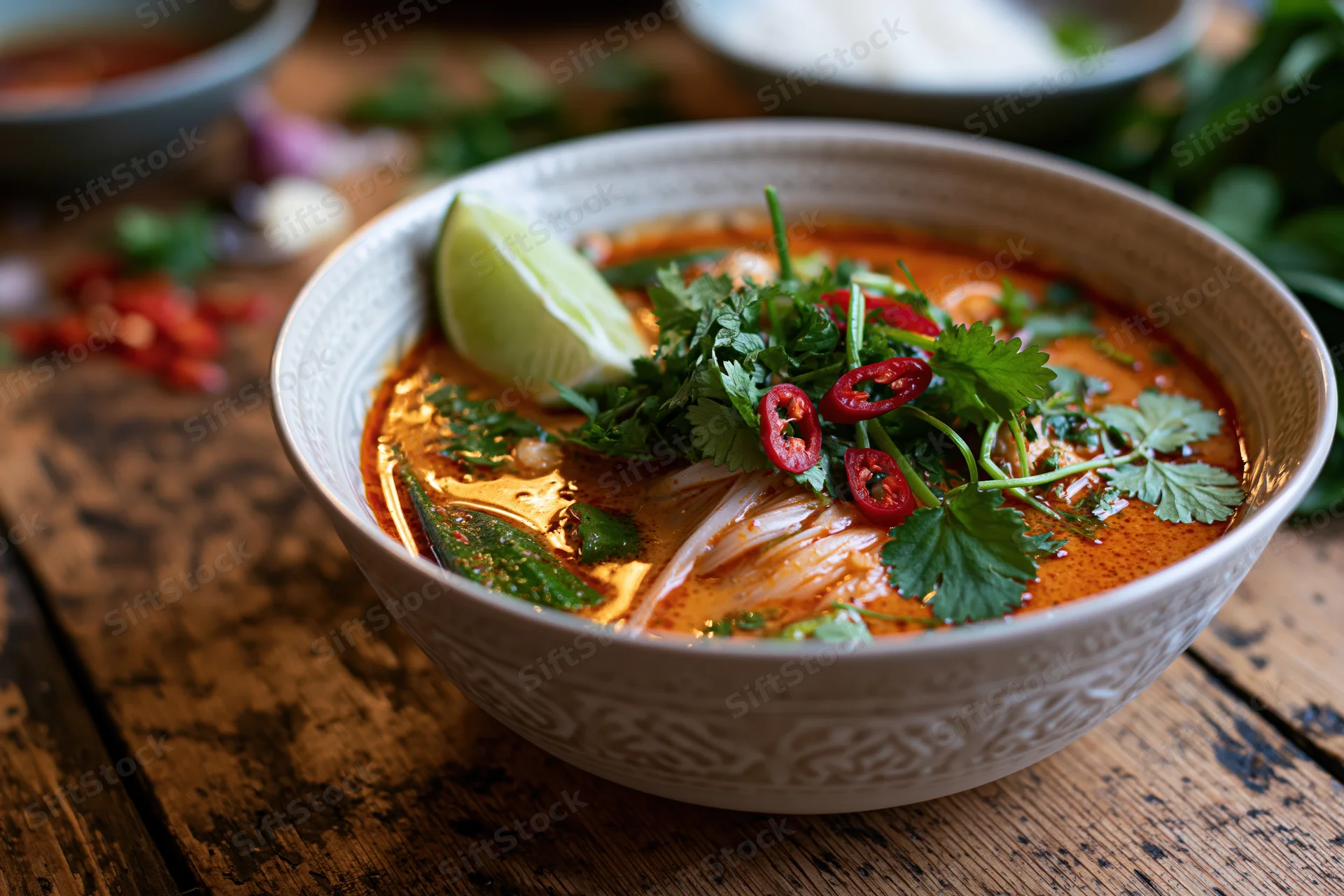 Thai red curry noodle soup in a ceramic bowl garnished with cilantro lime and chili on a wooden table